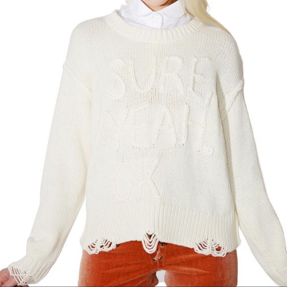 WILDFOX Chunky Knit Distressed “Sure Yeah Ok” Graphic Oversized Sweater Cream - Picture 4 of 16